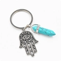 Détail du porte-clés Main de Fatma avec cristal hexagonal turquoise et anneau argenté - Turquoise