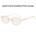 Square gold metal sunglasses with gradient pink lenses and detailed temples - Gold Frame Gradient Pink Lens