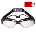 Black swim goggles with silver electroplated anti-fog lenses and connected earplugs - Bag Packaging / Electroplated Black