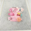 6-piece pink themed children hair clip set with knit cherry and fabric bows on card - Fish Pink Series 6-Piece Set