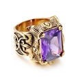 Vintage gold-plated stainless steel ring with large rectangular faceted purple gemstone - Gold Purple