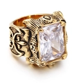 Vintage gold-plated ring for men featuring a large rectangular zircon and gothic patterns - Gold White