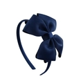 Navy blue polyester grosgrain ribbon double bow headband for girls with ribbed texture - Dark Blue