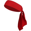 Detail of red moisture-wicking sports headband with adjustable tie-back design - Red