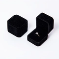 Elegant black velvet square ring box shown in open and closed positions for storage - Black