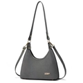 Gray textured fabric crescent shoulder bag with black leather straps and gold metal logo - Gray