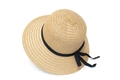 Light brown woven straw hat with wide brim and black ribbon bow for summer beach wear - M (56-58cm) / Light Coffee