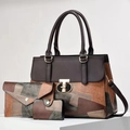 Three-piece set of elegant color-block tote, envelope clutch, and small wallet for women - Green & Brown Geometric Patchwork (Style 5)