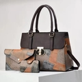 Three-piece set featuring a contrast color patchwork tote bag, wallet and card holder - Style 4 (Brown, Gray & Khaki Patchwork)