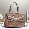 Brown crocodile embossed patchwork tote bag with gold hardware and shoulder strap - Khaki