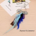 Bohemian dreamcatcher keychain with blue feathers, sun charm, and purple crystal stone - Style 4
