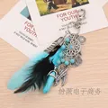 Close-up of dreamcatcher keychain with feathers and hexagonal stone on wood background - Style 5