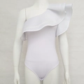 Close-up of white off-the-shoulder bodysuit with elegant ruffle trim details - L / White