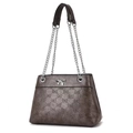 Brown leather handbag featuring bow-knot embossed pattern and silver chain shoulder strap - Gray