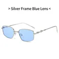 Chic silver rectangular sunglasses with light blue lenses and geometric metal temples - Silver Frame Blue Lens