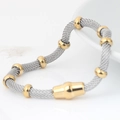 4mm stainless steel mesh chain bracelet with 18K gold beads on white marble background - Silver Mesh with Gold Beads