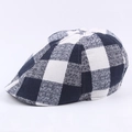 Klassieke platte pet in donkerblauw en wit ruitpatroon van katoen en linnen mix - Marineblauw