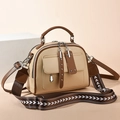 Beige and brown contrast crossbody bag with wide textile strap and top handle - Khaki