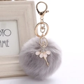 Macro detail of ballerina pendant with sparkling rhinestones and grey faux fur pompom - 8cm Faux Rex Rabbit Fur / Medium Grey
