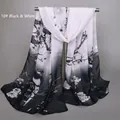 Long chiffon scarf with Chinese ink painting of flowers and birds in black and white - Black & White
