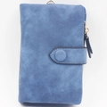 Detail view of the matte blue trifold wallet with a gold zipper and metal D-ring attachment - Ink Blue