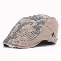 Men's khaki plaid cotton beret cap featuring vintage mottled pattern and side buckle - Adjustable / Khaki