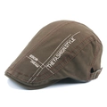 Vintage brown cotton canvas flat cap featuring white embroidery and adjustable side buckle - Adjustable / Army Green