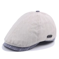 Beige striped cotton flat cap with navy blue brim and small metal logo side detail - Adjustable / Beige