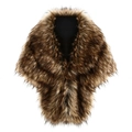 Detailed view of the fluffy brown and black faux fur shawl with a V-shaped collar design - Raccoon Fur Color