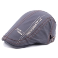 Men's dark grey cotton beret flat cap with contrast stitching and embroidery - Adjustable / Gray