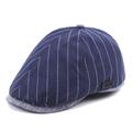 Men's retro striped flat cap in navy blue and grey texture with metal logo detail - Adjustable / Blue