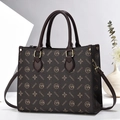 Elegant dark brown monogram tote bag with top handles and adjustable shoulder strap - Coffee
