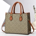 Classic large tote bag with retro monogram pattern and brown leather handles for women - Khaki With Yellow