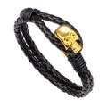 Men's double-layered black woven leather bracelet with a polished gold skull charm - Gold Skull / Gold