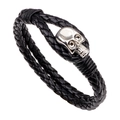 Men's black braided leather bracelet featuring a silver skull alloy clasp detail - Silver Belt Skull Buckle / Silver