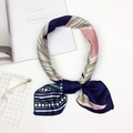 Navy and pink satin square scarf with dots and stripes pattern, tied in a knot style - Blue & Pink