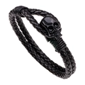Men's black braided leather bracelet featuring a polished metal skull charm fastener - Black Skull / Black
