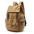 Vintage khaki canvas backpack with brown leather straps and metal buckles for travel - Khaki