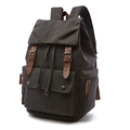 Vintage dark gray canvas backpack with brown leather straps and drawstring top closure - Black