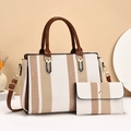 Set borsa a mano a righe elegante per donna con portafoglio coordinato in beige e marrone - Bianco Sporco