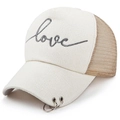 Berretto da baseball in mesh beige e kaki con ricamo love e anelli in metallo - Regolabile / Cachi