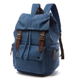 Classic navy blue canvas backpack with brown leather straps for travel and school - Dark Blue