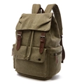 Army green vintage canvas backpack with brown leather straps and front pocket - Army Green