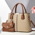 Chic beige tote bag set with brown leather trim and matching envelope pouch accessory - Apricot/Khaki