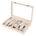 Beige jewelry storage box with transparent lid and metal buckles showing necklace hooks - Necklace Jewelry Box / Beige