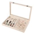 Beige jewelry organizer box with glass window featuring necklace hooks and ring slots - Ring & Necklace Mixed Jewelry Box / Beige