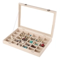 Beige Samt-Schmuckschatulle mit 24 Fächern, Glasdeckel und silberner Metallschnalle - 30 Fächer Schmuckkästchen / Beige