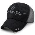 Berretto nero glitterato in mesh con ricamo love e anelli d'argento visiera - Regolabile / Nero