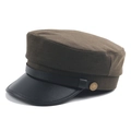 Army green flat top cap with black leather visor and vintage metal side button - M (56-58cm) / Army Green