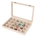 Beigefarbene Schmuckschatulle aus Samt mit 24 Fächern, Glasdeckel und Metallverschluss - 24 Fächer Schmuckkästchen / Beige